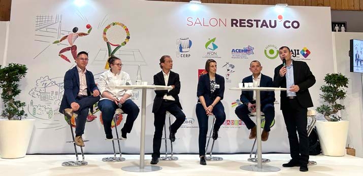 De g. à d. : Olivier Tran (Afuté), Camille Doyen (cheffe de partie, GIE Gam Restaurant), Pierre Roure (responsable RH d’insertion, La Table de Cana à Marseille), Élise Da Col (cheffe de service RH, Département de l’Essonne), Nicolas Paul (en charge de l’unité Tourisme, hôtellerie, restauration, loisirs à l’Afpa) © N.Giraud